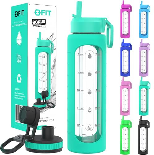 32 oz Glass Water Bottle with Time Marker Reminder - EXTRA LID, Reusable, Wide Mouth, Leakproof, 1 Liter Glass Drinking Bottle, BPA Free, Motivational Water Bottles for Hydration (Seafoam Sleeve)