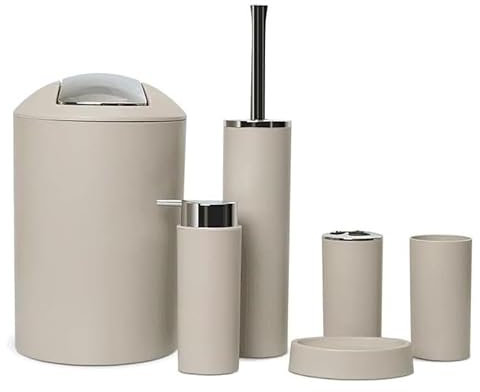 GMMH – Set di 6 accessori da bagno, con dispenser per sapone, porta saponetta e scopino per WC (modello 2a, beige)