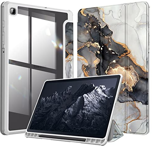 Fintie Hybrid Hülle für Samsung Galaxy Tab S6 Lite 10,4 Zoll 2024/2022/2020 Tablet - Stoßfeste Schutzhülle mit Transparent Hartschale und Stifthalter, Trüber Marmor