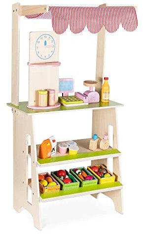 Navaris Holz Supermarkt für Kinder - Spielzeug Kaufladen inkl. Obst Gemüse Lebensmittel aus Holz - Montessori Verkaufsstand mit Kasse und Waage - Für Jungen und Mädchen