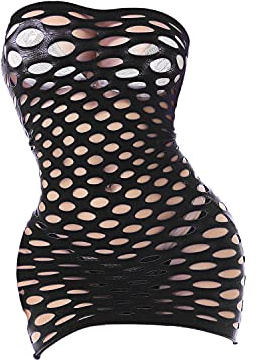 Lingerie en Maille pour Femmes Nuisette Nuisette Résille sans Couture Sexy Hole Bag Hanche Net Robe Jupe Courte Pyjama Body (Le Noir,Taille Unique)