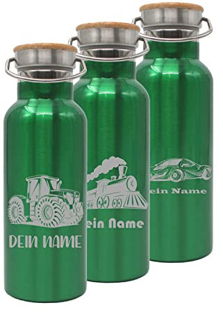 Generisch Trinkflasche personalisiert/grün/Fahrzeug-Motive mit Namen/Edelstahl mit Bambusdeckel 500ml / Isolierte Thermosflasche/BPA-Frei/nachhaltig/auslaufsicher/langlebig
