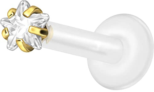PIERCINGLINE PTFE Labret mit Innengewinde + Titan Aufsatz EINGEFASSTER KRISTALLSTERN Piercing Lippe Nase Ohr Helix Tragus Medusa Farb & Größenauswahl