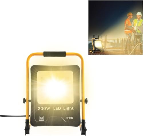 ACXIN LED Baustrahler inkl. Standgestell, 200W 16000LM LED Fluter Floodlight mit 3M Kabel und Wasserdicht IP66 für Garage, Garten, Sportplatz, Baustelle, Wasserdicht IP66, 200W Warmweiß