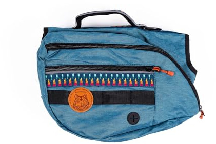 Widlerdog Hunderucksack mit integriertem Geschirr und rückseitig montierter D-Ring-Leinenbefestigung, Griff, zwei Satteltaschen mit insgesamt 4 Taschen, integrierter Kotbeutelspender (Pazifikblau