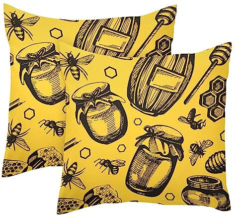Bee Honeycomb and Honey Jar 2 Pack Square Throw Pillow Covers Decorative Soft Velvet Pillowcase for Couch Sofa Bed Car Living Room, 40x40cm