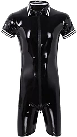 PODOLIXIA Herren Bodysuit Wetlook Body Ouvert Boxershorts Unterhemd Stehkragen Dessous Leder Seitlich transparent Männer Overall eng sexy mit Zip Catsuit