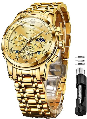 OLEVS Herrenuhren Goldene Edelstahlarmband Quarz Uhr Männer mit Römischen Zahlen Mondphase Wasserdicht Leuchtende Klassische Elegantes Armbanduhr Geschenk Sale Marken