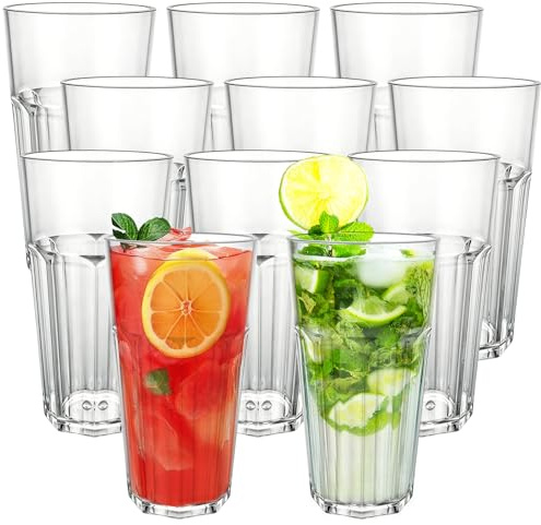 AHAQU 10PCS 420ml Plastic Tumblers, 14.7oz Stackable Acrylic Drinking Glasses, Reusable Clear Plastic Cups for Picnics, Camping, BBQ’s, Parties