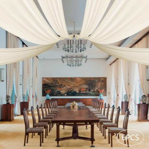 6 Panels 5ftx20ft Chiffon Ceiling Drapes,Arch Arbor Backdrop Fabric Curtains for Wedding Party Ceremony Sheer Swag Stage DIY Tent Decoration (Beige)