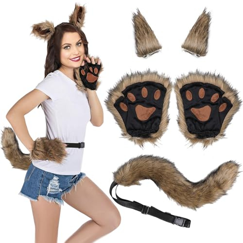 Meanju 5er Set Wolf Fuchsohren und Schwanz Set,Sohren Schwanz und Pfoten,Fuchs Cosplay Zubehör,Cosplay KostümSet Fox Wolf,Cosplay Fancy Dress Zubehör für Kinder Erwachsene