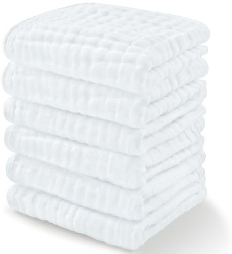 Baby Washcloths, Muslin Cotton Baby Towels, Large 10”x10” Wash Cloths Soft on Sensitive Skin, Absorbent for Boys & Girls, Newborn Baby & Toddlers Essentials Shower Registry Gift (White, Pack of 6)