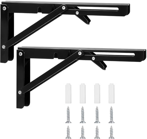 Klappkonsole, Schwerlast Scharniere Klappbar, Winkel Regalträger, Eisen Klappwinkel 90 Grad, Winkel Klappbar Regalwinkel für Zuhause, Küche, Büro, Tisch, Wand - Schwarz（10 Zoll）