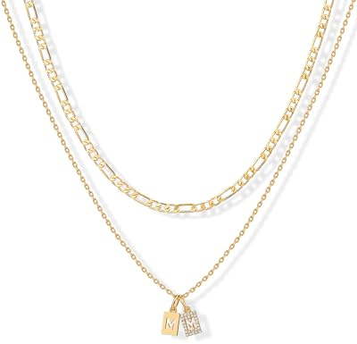 PAVOI 14K Yellow Gold Plated Initial Letter Double Dog Tag Pendant Necklace | Dainty Cubic Zirconia Letter Tag Round Box Chain Necklaces for Women | M Initial