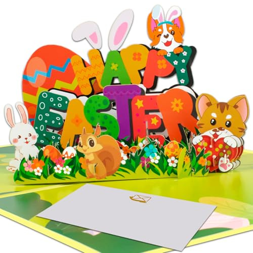 3D Pop-Up Osterkarte Frohe Ostern Grußkarte mit Niedlichem Corgi Katze Kaninchen Eichhörnchen Dekorierten Eiern Blumen und Frühlingsgarten Szene Religiöse Osterkarte für Kinder und Erwachsene