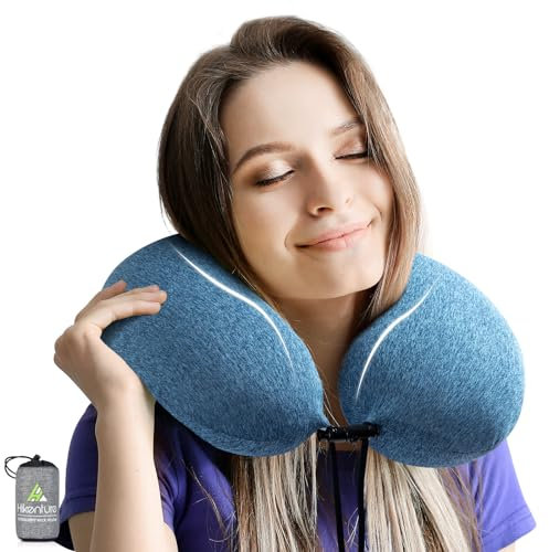 HIKENTURE Nackenkissen Aufblasbar Flugzeug mit Kissenbezug - Auflasbares Reiskissen Flugzeug Nackenhörnchen Erwachsene, Inflatable Travel Neck Pillow Airplane, Reise Kissen Flugzeug Zug(Blau)