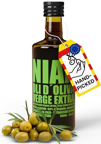 NIAN® extra natives Olivenöl 500ml [DAS OLIVENÖL DER STERNEKÖCHE] - 100% reinsortig, Arbequina Oliven der neuesten Ernte - umweltfreundliche Gourmet-Küche für daheim (vogelsichere Ernte)