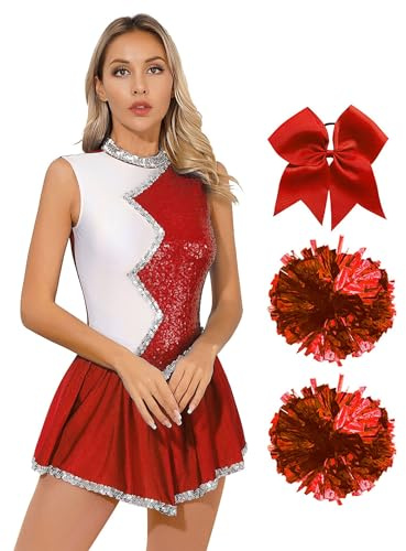 Alvivi Cheer Leader Kostüm Damen Cheerleading Uniform Glitzer Pailletten Kleid mit Pompoms Haarband Halloween Karneval Fasching Tanzkostüm