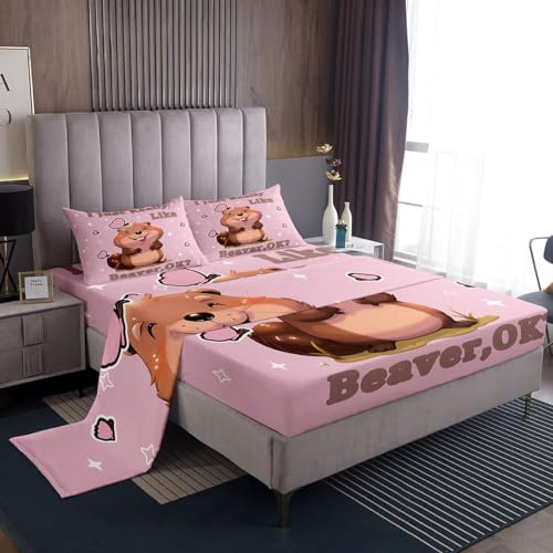 Kids Cartoon Beaver Sheet Set Cute Animals Bedding Set Girly Pink Bed Sheets for Child Bedroom White Stars Kawaii Wildlife Bed Set (King Flat Sheet & Fitted Sheet with 2 Pillow Case)
