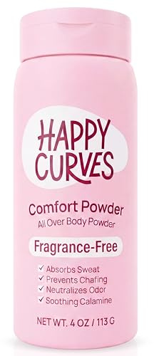HAPPY CURVES Comfort Powder: Talc Free Anti Chafe Body & Foot Dusting Powder Deodorant to Control Inner Thigh Chafing, Private Areas, and All Over Body for Women (4 Ounce (Pack of 1), Fragrance-Free)