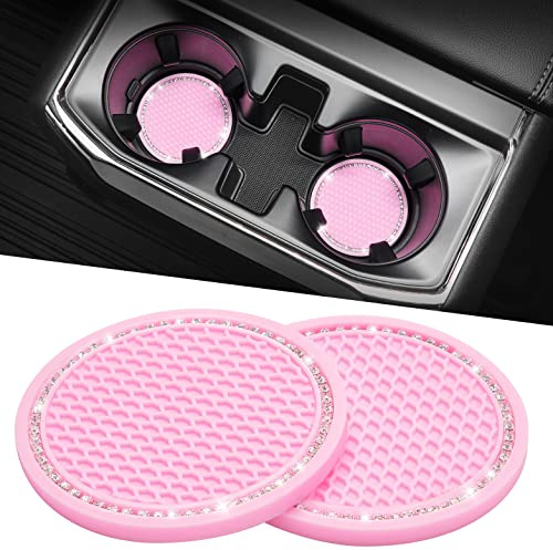 JOYTUTUS Auto Getränkehalter Untersetzer, Universal Auto Getränkehalter Einsatz, Anti-Rutsch Auto Untersetzer für Kaffeebecher, Autozubehör für Frauen, 2 Stücke, Rosa/Glitz