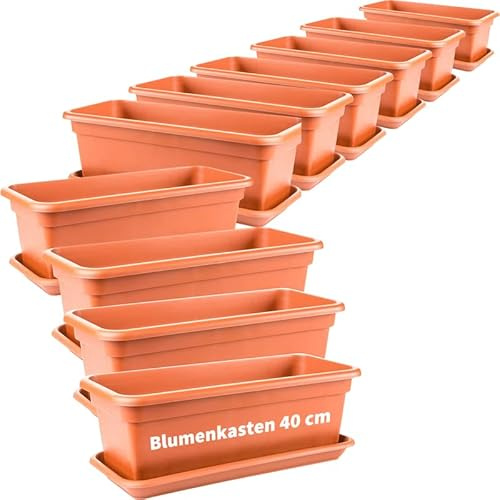 LIVINJA Terrakotta Blumenkasten 40cm mit Untersetzer â€“ 10er-Set, Dauerhafte Balkonkästen, Terracotta, Hochwertiger Kunststoff, Made in E
