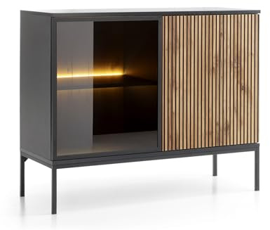 Emporius Daveno Kommode mit Lamellen, Schwarz, Wohnzimmer Kommode mit LED - Loft Stil, Sideboard 2-türig - 104 cm breit