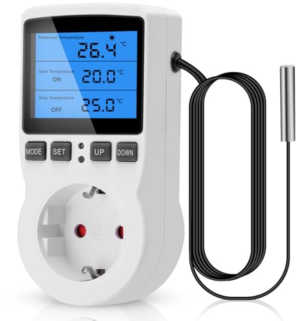 Heemol 230V Temperaturregler Steckdosen Heemol Thermostat Heizung,Frostwächter mit Thermostat,Display mit Hintergrundbeleuchtung,Digitaler Timer mit Sensor Temperaturregler für Terrarium