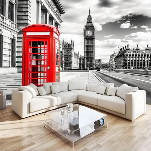 Gris Fotomural Cuadro telefónico de la calle Londres Fotomural Pared, 250x175 cm Papel Pintado 3D, Fotomurales Decoración de Comedores Moderna Lana Sala Cuarto Salón