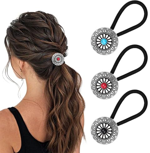 AOZUO 3 Teiliges Pferdeschwanz Halter Im Western Stil, Haargummi Armband Aus Metall Boho Haarspangen Vintage Türkis Concho Kürbisblüten Haarbänder Elastische Haarmanschetten Haar Accessoires Für Fraue