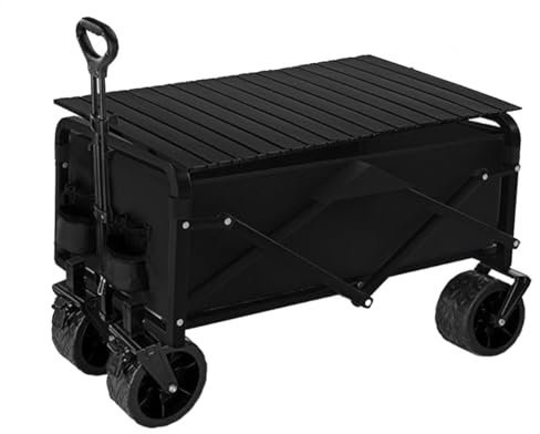Strandwagen Faltbar Mit Tisch, Heavy Duty Bollerwagen Faltbar Strand Mit All-Terrain Rädern, Gartenwagen Mit Kippfunktion Transportkarre Klappbar Für Sand, Camping, Garten, Sport(/Black,A)