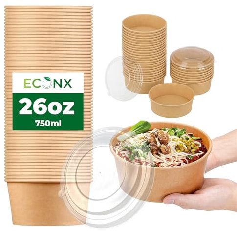 ECONX Ciotole di carta kraft da 750 ml, con coperchio, usa e getta, da asporto, contenitori per insalata, cibi caldi, freddi, a prova di perdite, per zuppe, affari, ristoranti