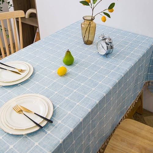 Homxi Tischdecke Abwaschbar Quadrat,120 W x 120 L cm,Gartentischdecke Polyester Baumwolle Gitter mit Quaste Hellblau Tischschutz