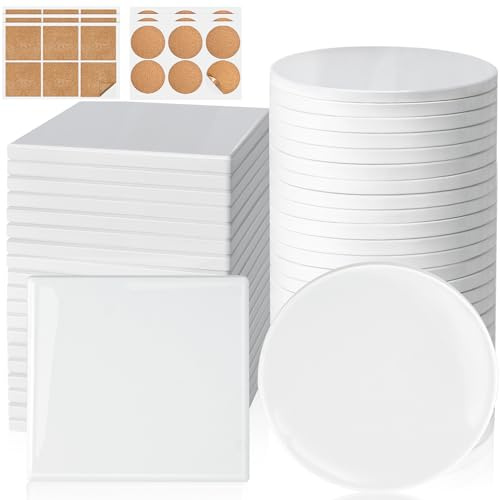 36 Pieces Sublimation Coasters, GOH DODD Glossy Ceramic Tiles Glazed Blanks with Cork for DIY Alcohol Ink Heat Transfer Painting Housewarming Gifts Wedding Arts Crafts School Education, 4 Inch