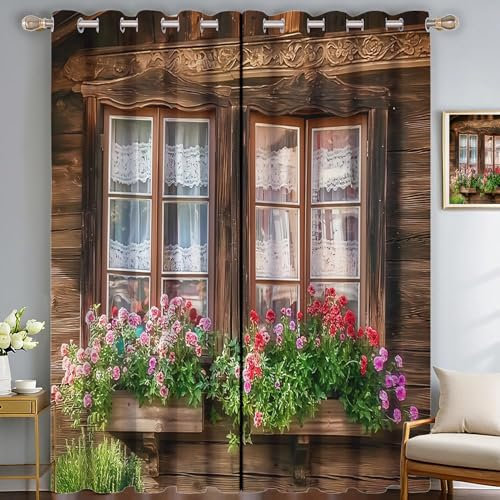 SMBHIAON Gardinen Kinderzimmer Schlafzimmer H175 × B140 cm (2Er Pack) Topf-Geranie Polyester Vorhänge 3D Alte Fensterbank Muster Blickdicht Ösenvorhang 2Er Set