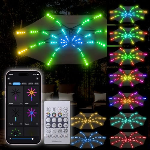 Neisouf Exterieur Parasol Guirlande Feux D'artifice LED, 104 LED DIY Couleur Changeante Guirlande Lumière avec APP Bluetooth et télécommande, DIY Chasing, Metor, Flowing Simulate Feux d'artifice