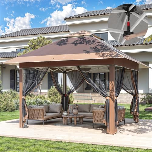 Devoko Pop Up Pavillon 3,25 x 3,25 Wasserdicht Stabil, Gartenpavillon mit Extra Großer Schattenfläche, Belüftetes Design, Geeignet für Haustiere, Ideal für Gärten und Festivals, Braun
