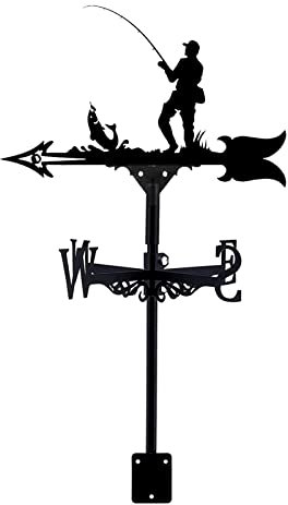 Wetterfahnen „Go Fishing“, Wetterfahne aus Metall, europäischer Stil, Windrichtungsanzeiger, Bauernhofszene, Garten, Art-Deco-Garteneisen mit Metallhalterung