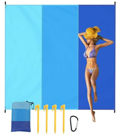 Coperta Impermeabile 210 x 200 cm, Stuoia Antisabbia con 4 Picchetti Fixed, Tappetino Campeggio per Giardino, Vacanza, Viaggi, Picnic