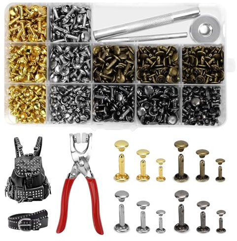 TYBYBB 360 Set Nieten Set 4 Farben Leder Nieten Set mit Nietenzange und Lochzange Hohlnieten für Leder 12mm 8mm 6mm Ledernieten für DIY Lederhandwerk Kleidung Dekoration
