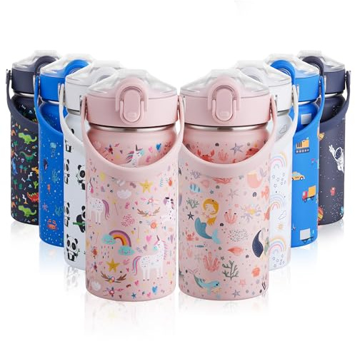 Autsel 420ml Trinkflasche Kinder Edelstahl mit Strohhalm und Griff, BPA-frei, Kohlensäure Geeignet, Schule Jungen/Mädchen für Kindergarten