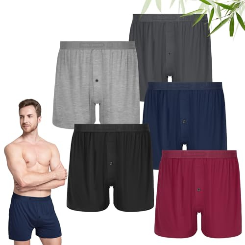 IGOLUMON Mens Boxers Loose Fit - 5-pack Bamboo Boxers Shorts with Button Fly - Tag-free Loose Boxers Breathable Multipack Underwear Trunks