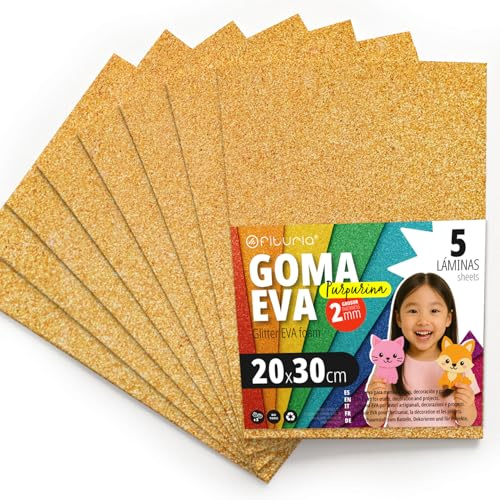 OFITURIA Fogli di Gomma Eva Glitterata per Lavoretti Creativi, Progetti Scolastici, Scrapbooking e Decorazioni Artistiche 20x30cm (Oro Glitterato, 5 pz)