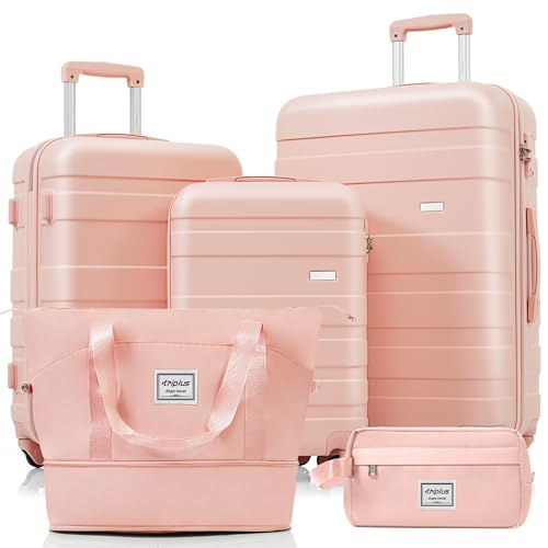 LARFOEK Resväska set i 5 delar hårt skal resväska 4 hjul hjul hjul av ABS hårt skal TSA-lås resväska innehåller 1 resväska och 1 toalettväska, grå grön, ROSA, klassisk