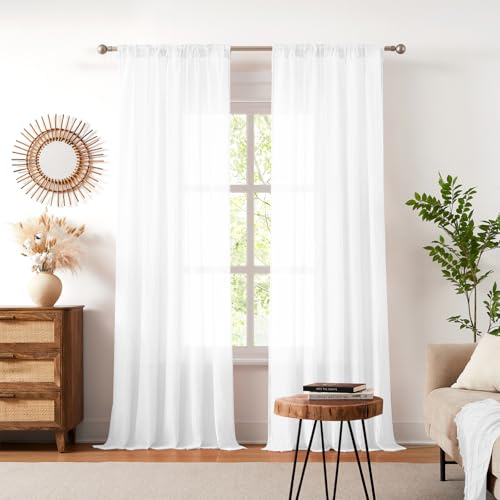 Melodieux Weiß Schiebevorhänge - Dekorativ Gardinen mit Kräuselband, H245×B140cm, 2er Set, Raumverdunkelung übergardinen Halbtransparent fur Kinderzimmer, Fenster, Wohnzimmer