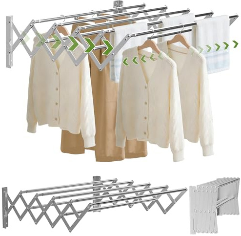 FREEAMG Wäscheständer Wandmontage, Klappbarer Wand-Wäschetrockner, Teleskop Wandmontierter Wäschetrockner, Edelstahl Wandtrockner, Ausziehbarer Handtuchhalter für den Innen & Außenbereich (Silber)