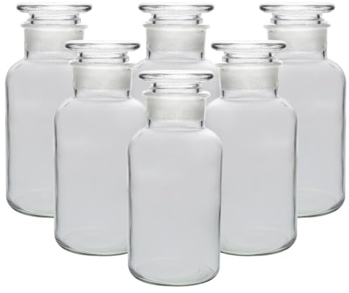 UNIQUE HOME LIVING UHL Apothecary Jar Set of 6 Reagent Bottles, 500ml Clear Glass Storage Jars with Lid, Vintage Reusable Container Refillable Bottles for Essential Oils, Bath Salts, Lotion, Perfume