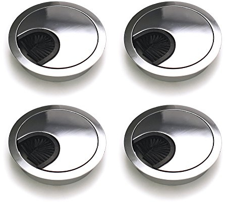 Sossai® Kabeldurchführung/Kabeldurchlass/Schreibtischkanal mit Bürste für Schreibtische, Büro & Arbeitsplatten | 4 Stück | KDM1-CH | Design: Chrom | Durchmesser: 60 mm | Material: Metall