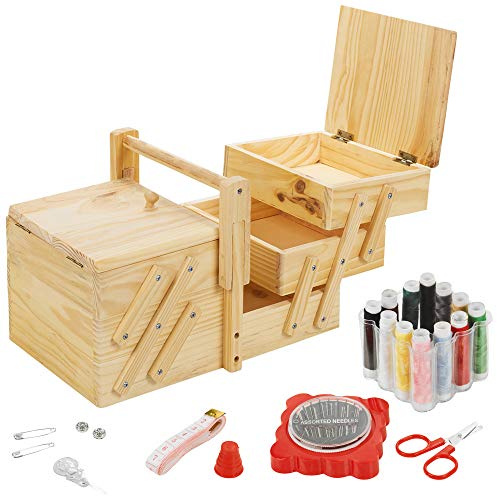 39pc Sewing Kit Wooden Sewing Box Set Shabby Chic Design Home Needle Thread Tape