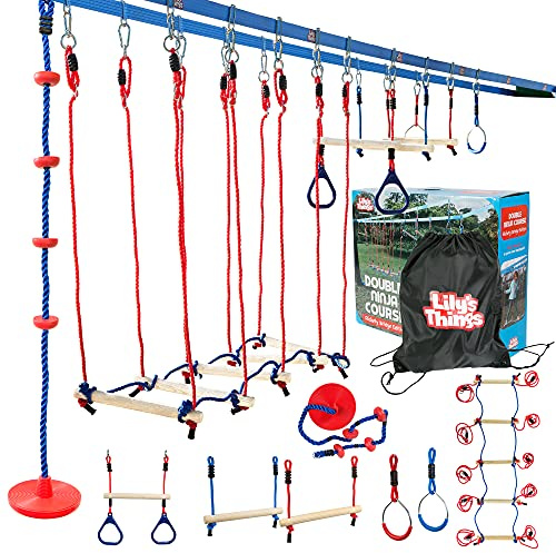 Double Ninja Slackline Obstacle Course | 80 Ft | Ninja Warrior Obstacle Course Accessories | Monkey Bars | Climbing Rope | Ninja Rings | Trapeze Swing Bar | Rickety Bridge Edition -Patent Double Line